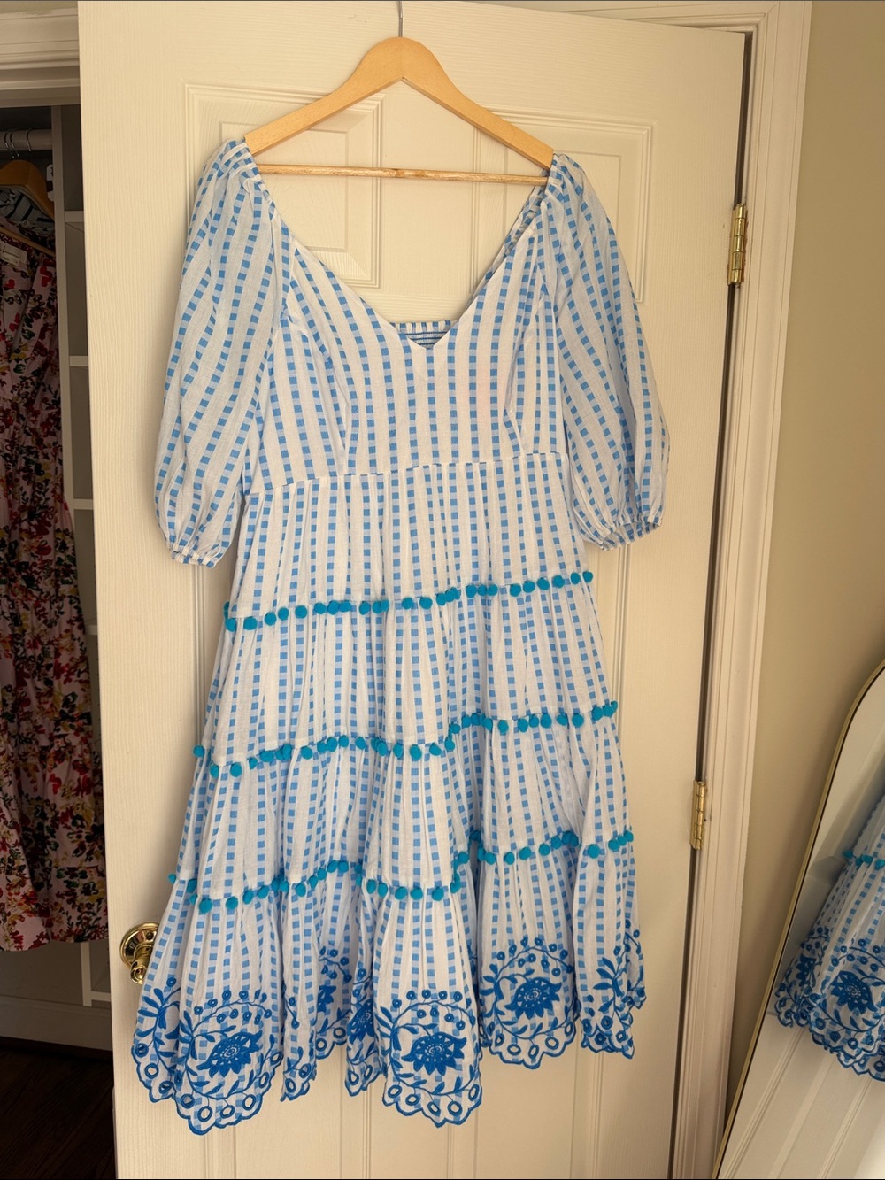 Lilly Pulitzer White and Light Blue Tiered Embroidered Midi Dress
